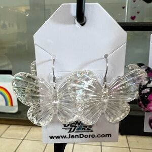 JenDore Handmade Iridescent Clear Butterfly Dangle Drop Earrings Hypoallergenic